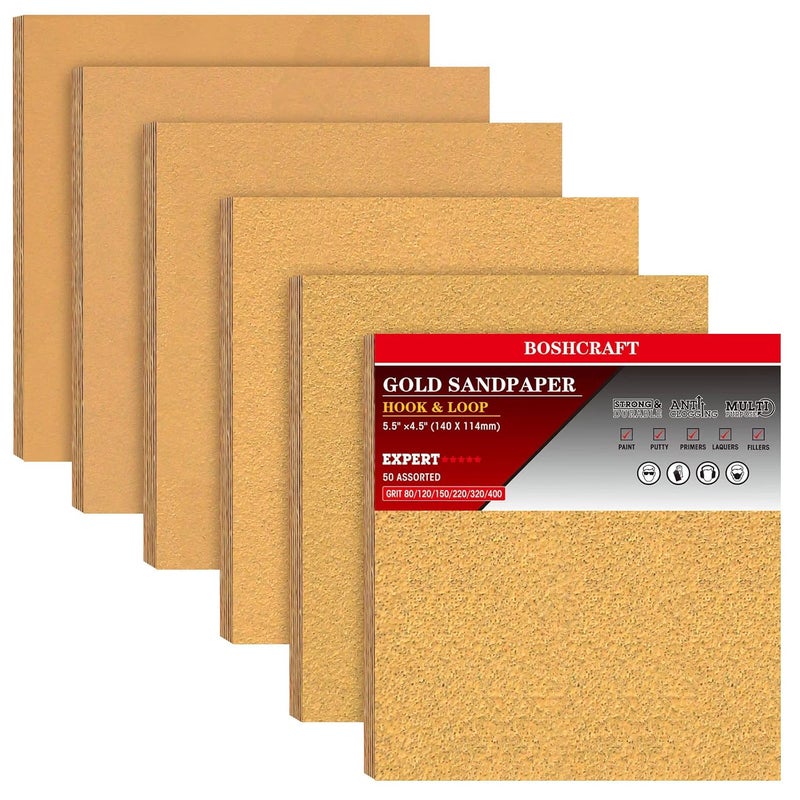 BOSHCRAFT 50 Pcs Premium Sand Paper, 1/4 Sand Paper Sheet Hook and Loop Backing 80/120/150/220/320/400 Grit Sandpaper Assortment Sandpaper for Wood Metal Automotive Palm Sanders 5.5" x 4.5" - Image 1